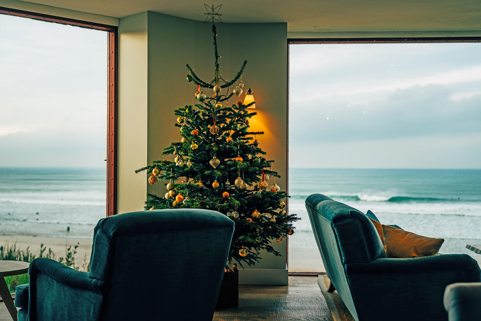 The Ocean Room Christmas tree with the view of the surf