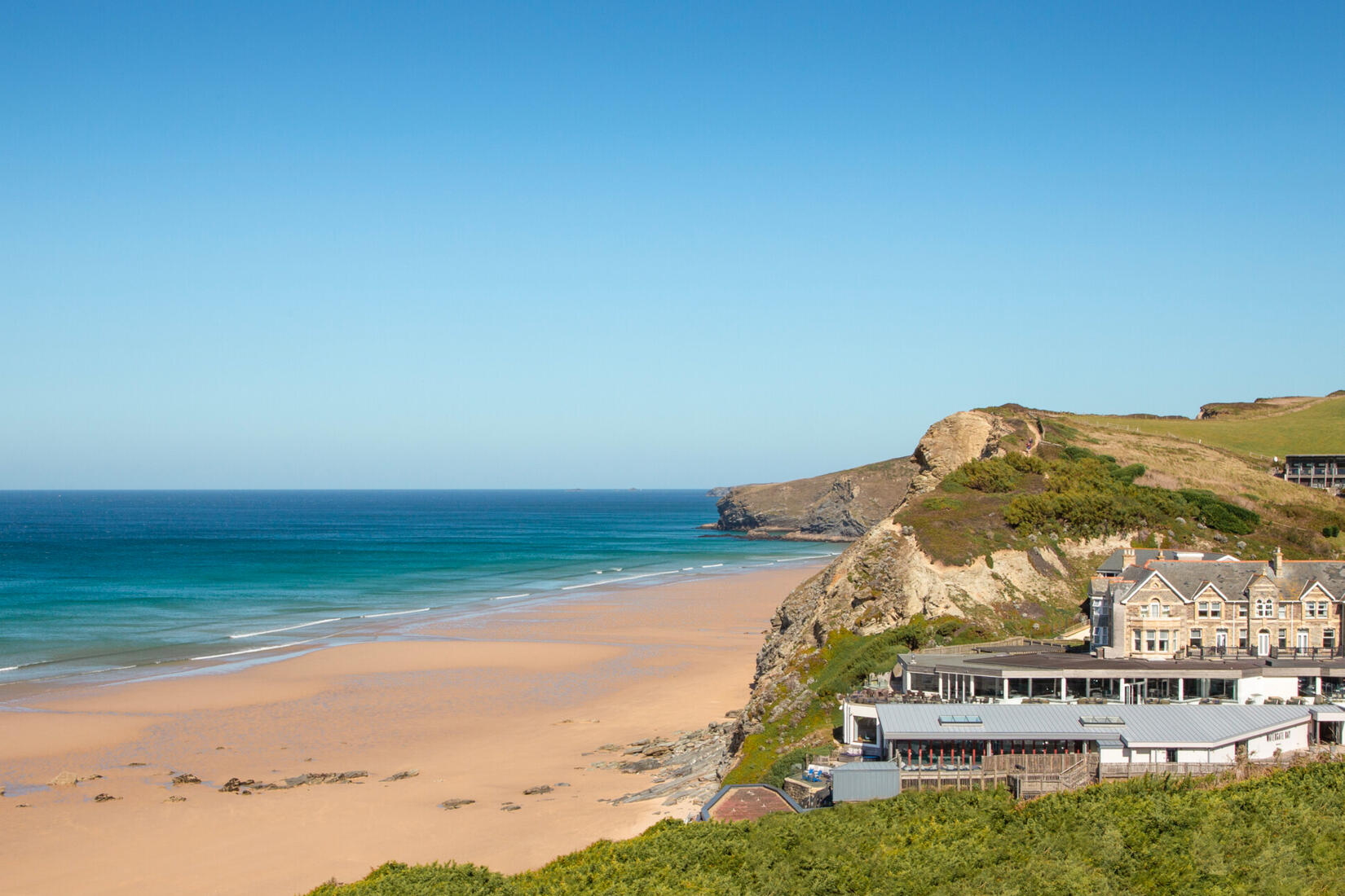 View of the hotel and beach at Watergate Bay