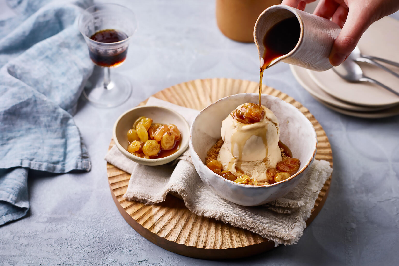 Salted caramel and biscoff ice cream, PX sherry and raisins