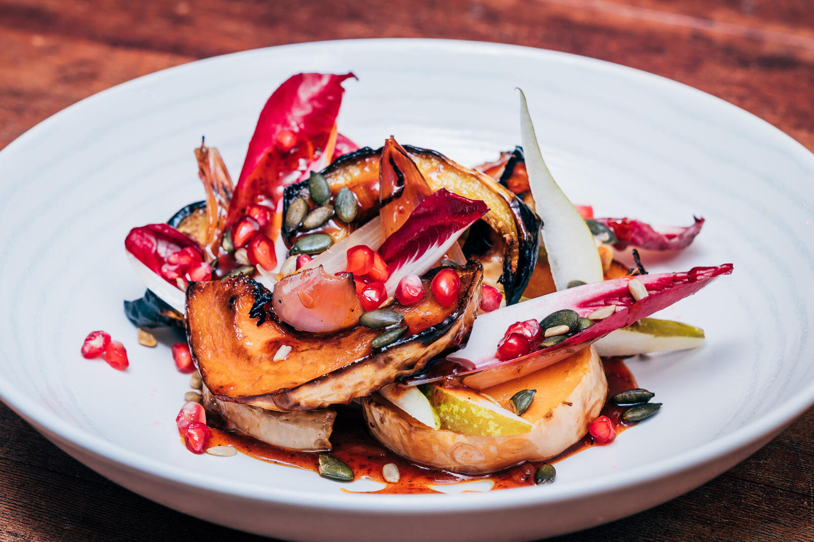 Roasted squash / grilled pear / preserved lemon tahini / tamari seeds / pomegranate / marmalade harissa