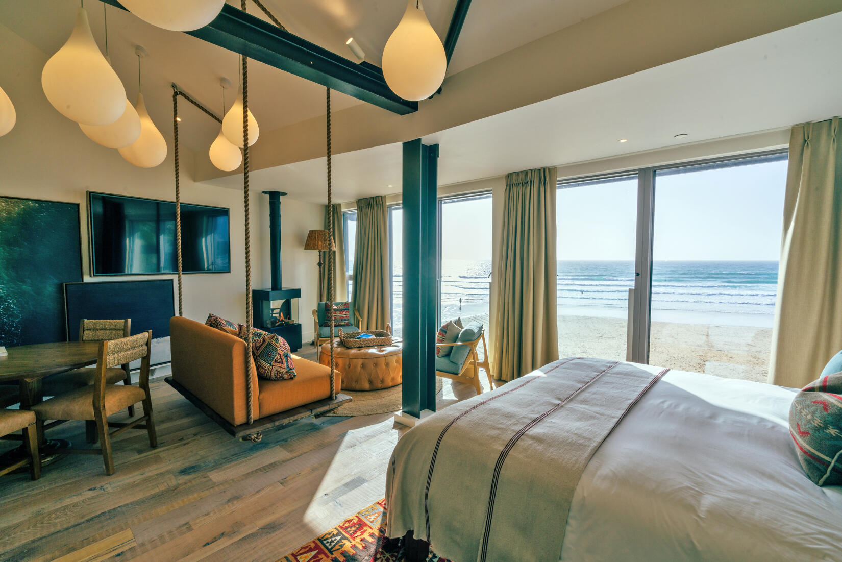 Beach loft living area with views over the bay