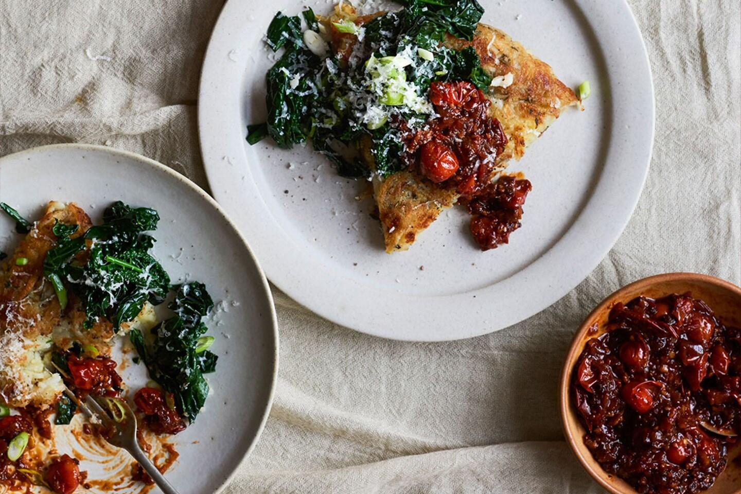 Golden rosti with roast tomatoes and chilli chutney