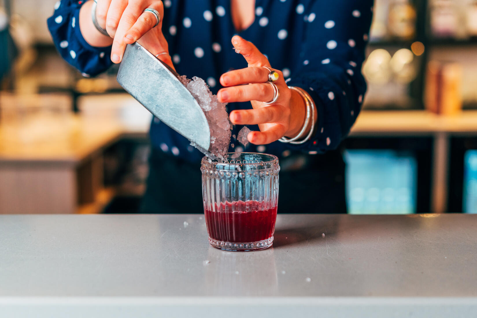 Tarquins bramble cocktail in a short glass with crushed ice