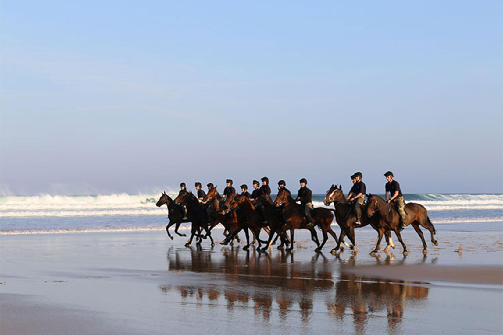 Group of people riding horses across the beach