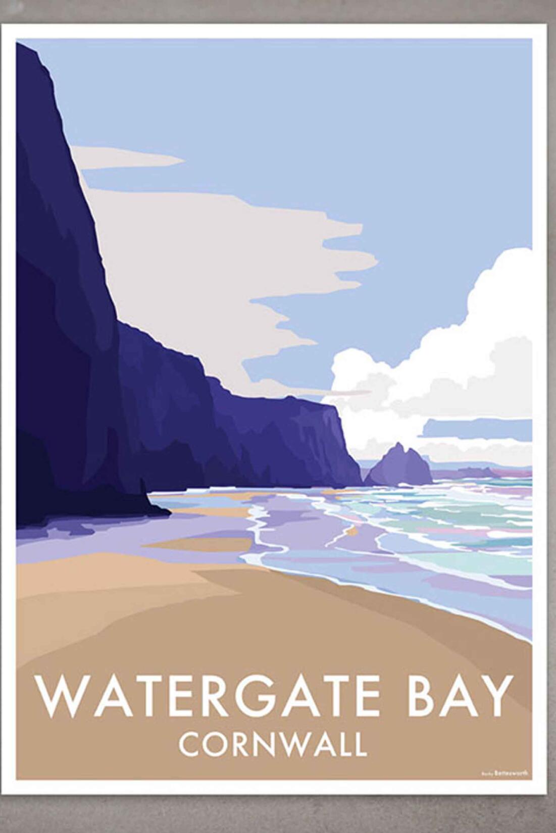 A vintage railway style print of Watergate Bay by Becky Bettesworth