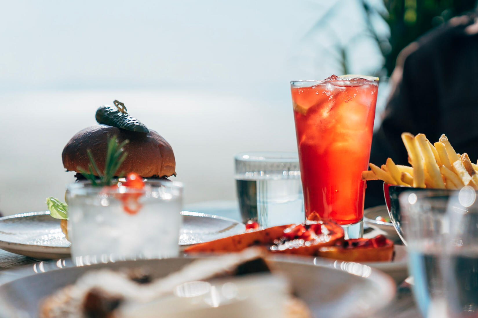 A table of food and drink in the Beach Hut restaurant