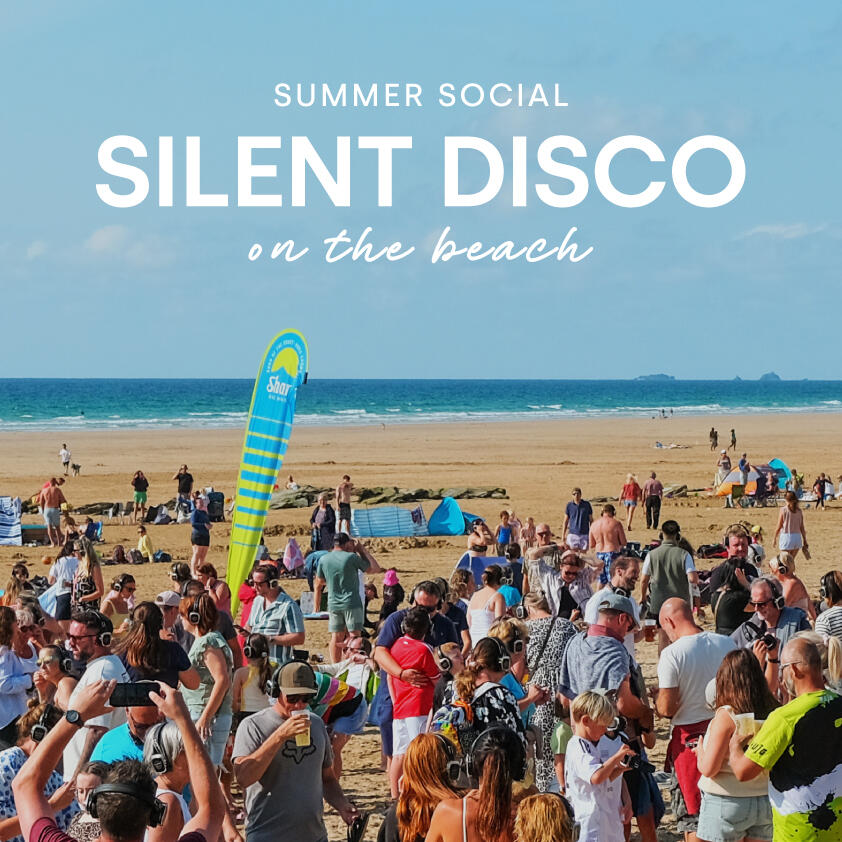 Silent dicso on the beach with copy overlay reading "summer social silent disco on the beach"