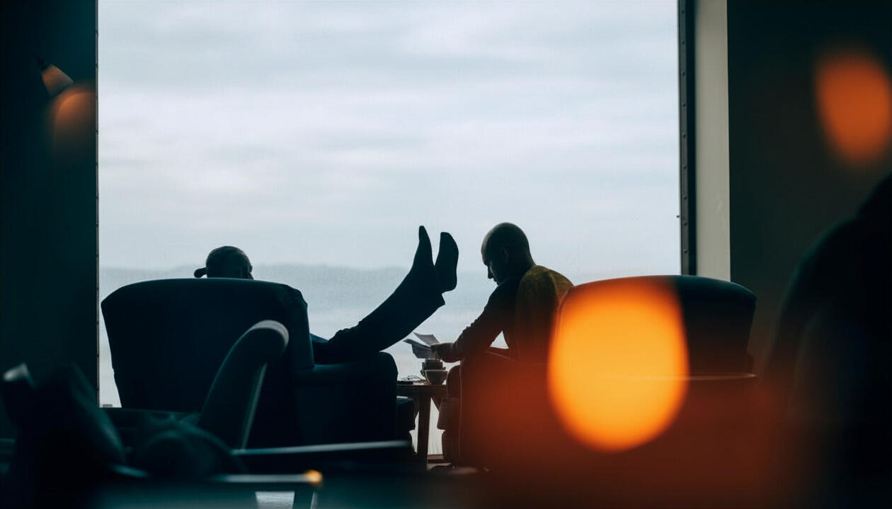 A couple sitting at the window in the ocean view room overlooking the sea